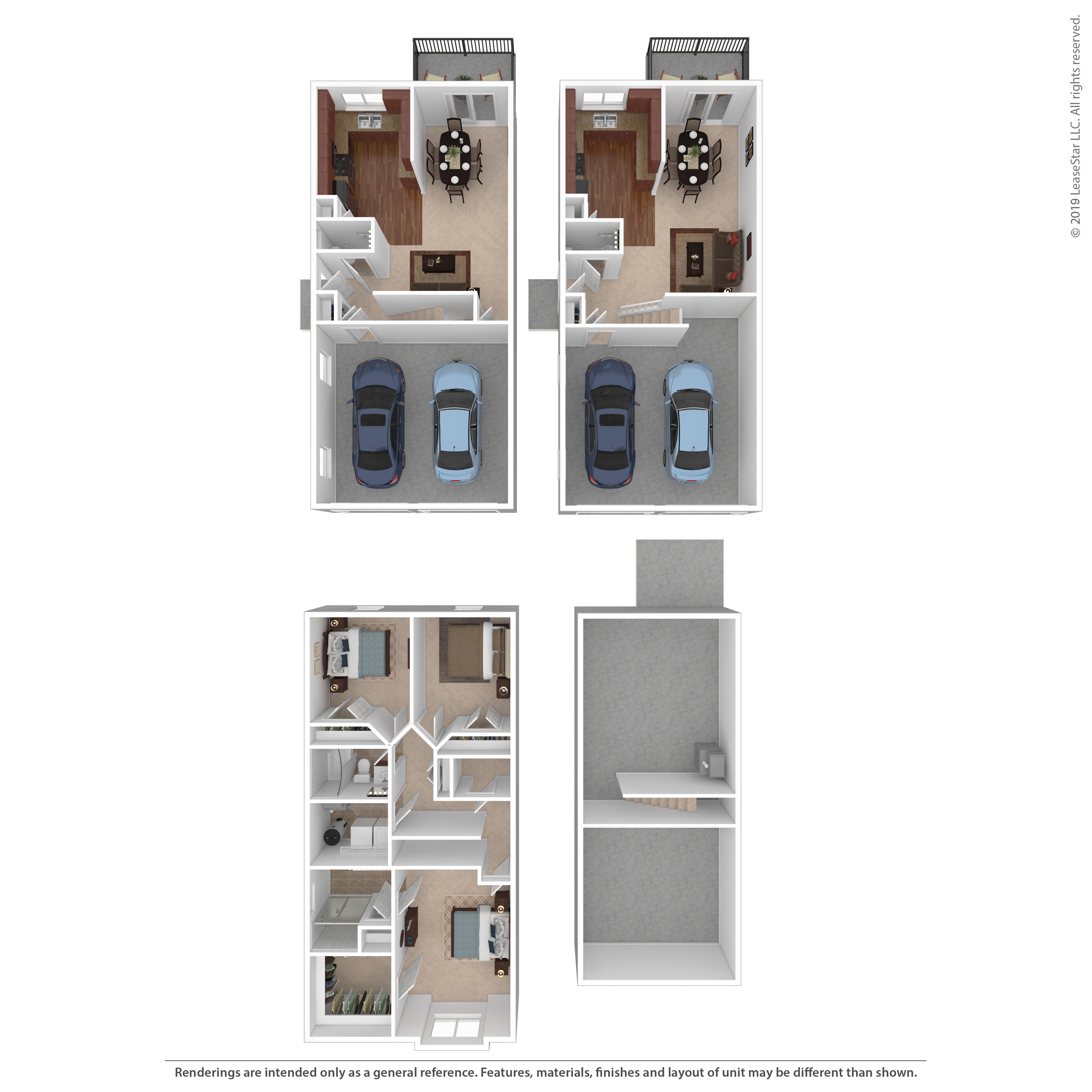 A floor plan of a two-bedroom apartment with a garage for two cars.